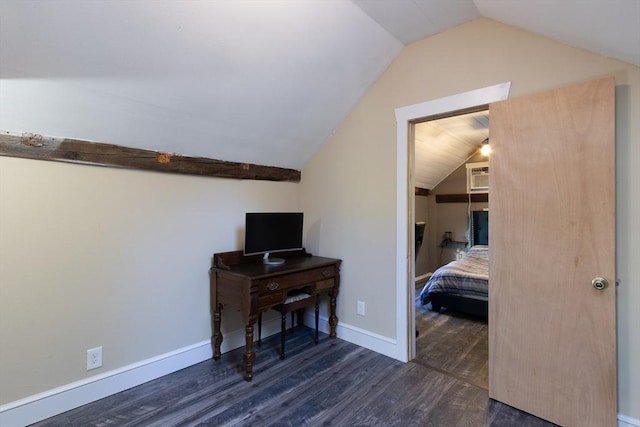 interior space with lofted ceiling, an AC wall unit, baseboards, and dark wood-type flooring