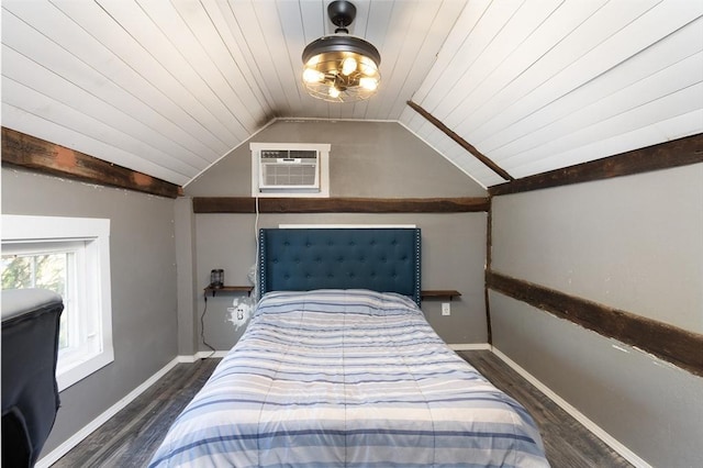 bedroom featuring wood finished floors, a wall unit AC, wooden ceiling, and vaulted ceiling