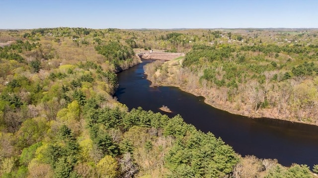 aerial view featuring a water view and a view of trees