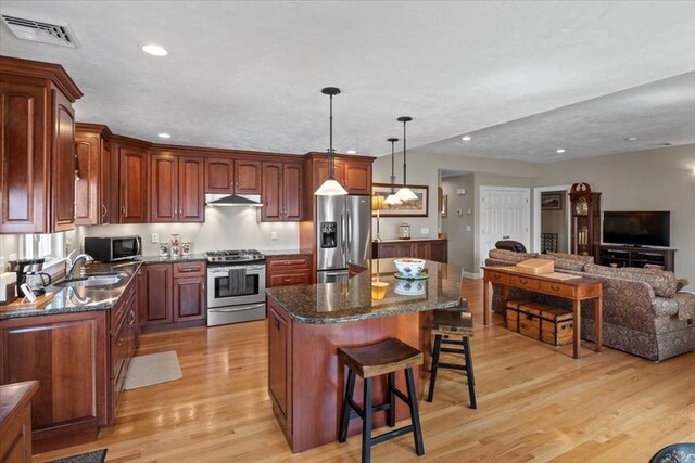 kitchen with visible vents, a breakfast bar, under cabinet range hood, a sink, and appliances with stainless steel finishes