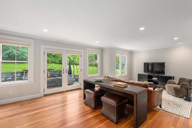 51 Summer St, Weston, MA 02493 - living room featuring crown molding, light wood finished floors, baseboards, recessed lighting, and french doors