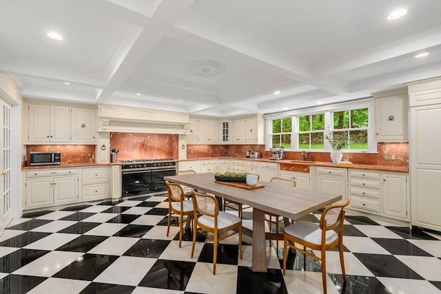 51 Summer St, Weston, MA 02493 - kitchen with range with two ovens, stainless steel microwave, coffered ceiling, tasteful backsplash, and recessed lighting