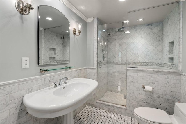 51 Summer St, Weston, MA 02493 - full bathroom featuring tile walls, toilet, a shower stall, crown molding, and wainscoting
