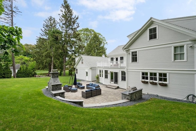 51 Summer St, Weston, MA 02493 - rear view of property with a balcony, a patio area, outdoor lounge area, a yard, and entry steps