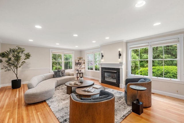 51 Summer St, Weston, MA 02493 - living room featuring baseboards, light wood-style floors, a fireplace, crown molding, and recessed lighting