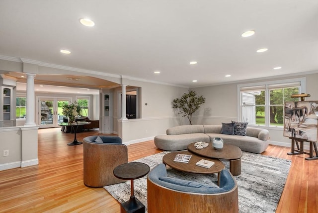 51 Summer St, Weston, MA 02493 - living area with decorative columns, ornamental molding, light wood finished floors, recessed lighting, and baseboards