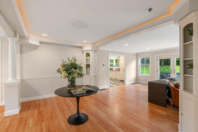 51 Summer St, Weston, MA 02493 - dining area with ornate columns, light wood-style flooring, crown molding, baseboards, and recessed lighting