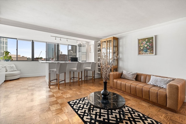 living room featuring ornamental molding, a textured ceiling, and light parquet floors