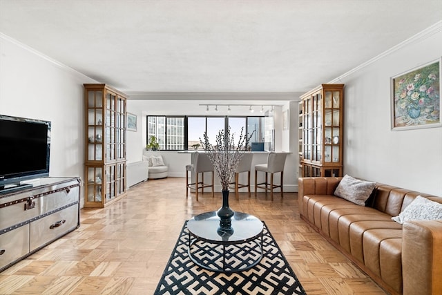 living room with crown molding and light parquet flooring