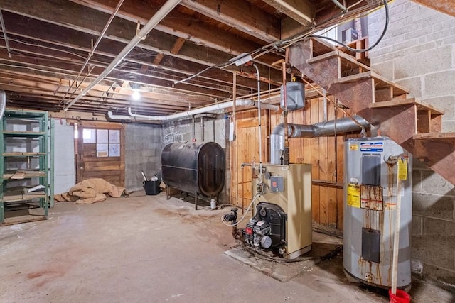 basement featuring water heater, a heating unit, and heating fuel