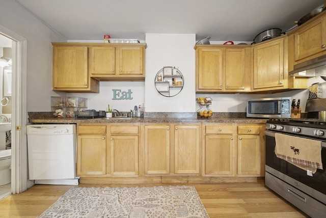 kitchen with appliances with stainless steel finishes, sink, light hardwood / wood-style floors, and light brown cabinets