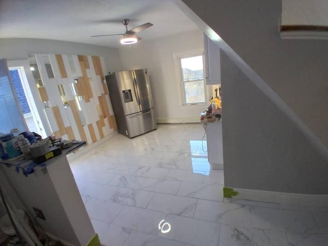 14 Russell St, Everett, MA 02149 - kitchen with stainless steel refrigerator with ice dispenser, light marble finish floors, and a ceiling fan