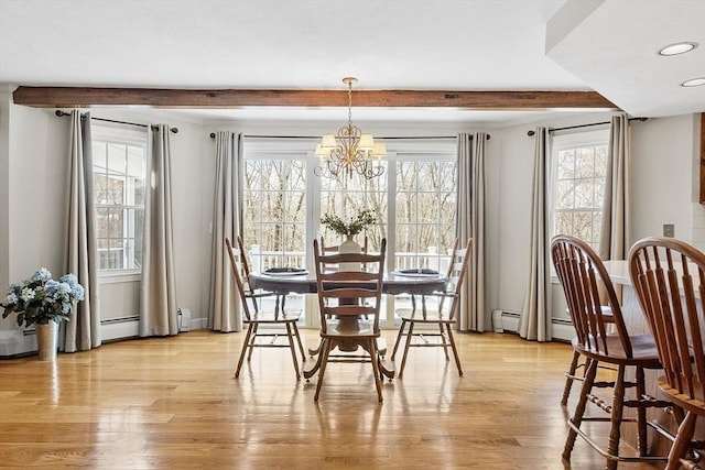 dining space featuring light wood finished floors, beam ceiling, a baseboard heating unit, and a notable chandelier