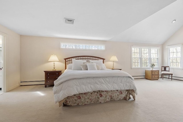 carpeted bedroom with lofted ceiling, visible vents, and baseboard heating