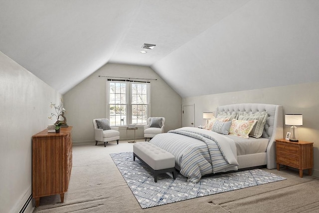 bedroom with visible vents, carpet, baseboards, baseboard heating, and vaulted ceiling