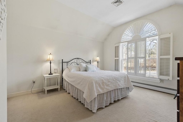 bedroom with baseboards, visible vents, lofted ceiling, light carpet, and a baseboard heating unit