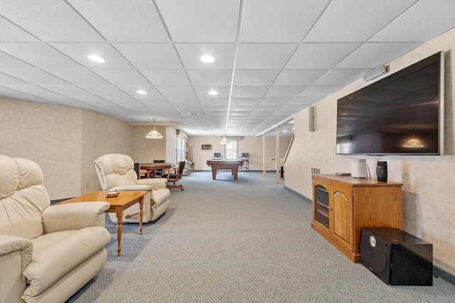 carpeted living room featuring recessed lighting, pool table, and a paneled ceiling