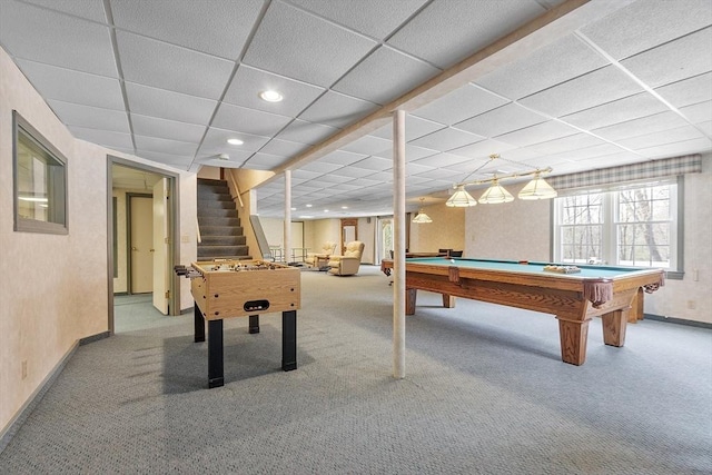 recreation room featuring billiards, a drop ceiling, recessed lighting, carpet flooring, and baseboards