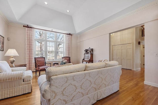 living area with high vaulted ceiling, light wood-type flooring, and baseboards