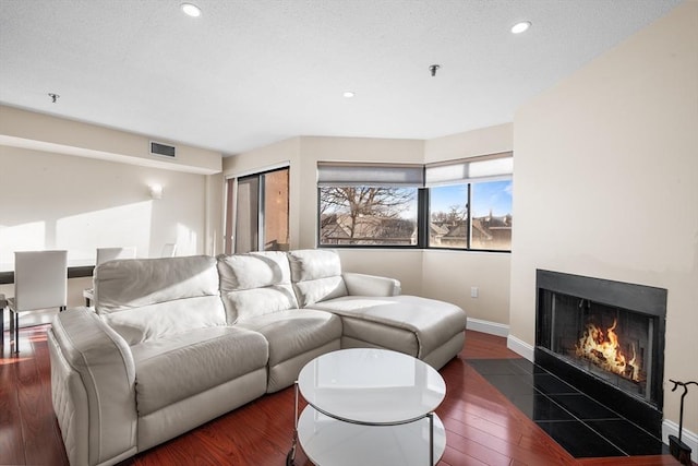 living room featuring dark wood-type flooring