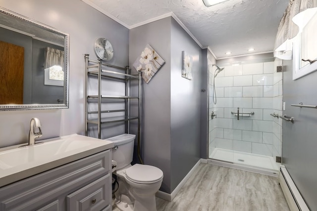 bathroom featuring a shower with door, wood-type flooring, toilet, vanity, and baseboard heating