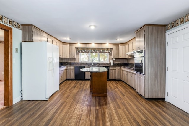 kitchen featuring a kitchen island, white refrigerator with ice dispenser, dishwasher, and dark hardwood / wood-style flooring