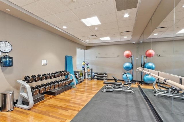 workout area featuring a paneled ceiling and wood finished floors