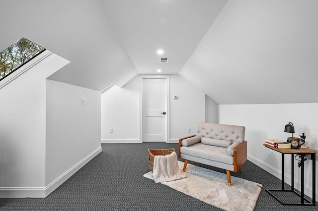 sitting room featuring carpet flooring, baseboards, vaulted ceiling, and recessed lighting