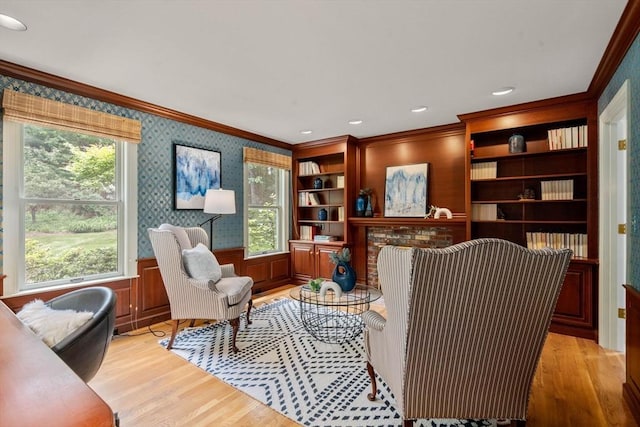 8 Pleasant St, Dover, MA 02030 - living room with crown molding, light wood-style floors, and wallpapered walls