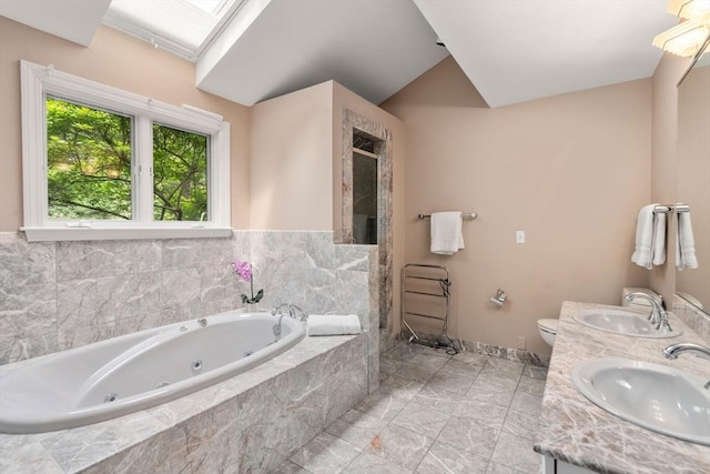 8 Pleasant St, Dover, MA 02030 - full bathroom featuring a shower stall, a jetted tub, baseboards, double vanity, and vaulted ceiling