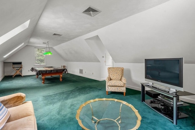 8 Pleasant St, Dover, MA 02030 - rec room with carpet, baseboards, vaulted ceiling, billiards table, and a skylight