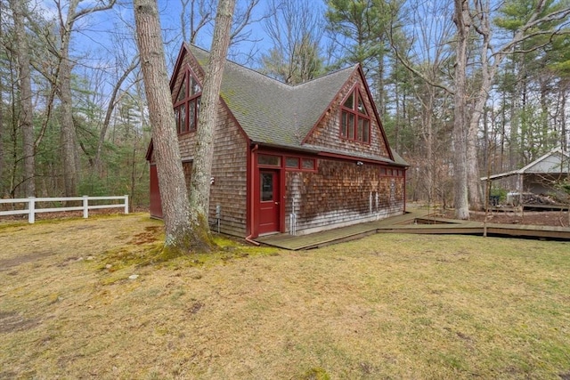 8 Pleasant St, Dover, MA 02030 - view of side of home with roof with shingles and a wooden deck