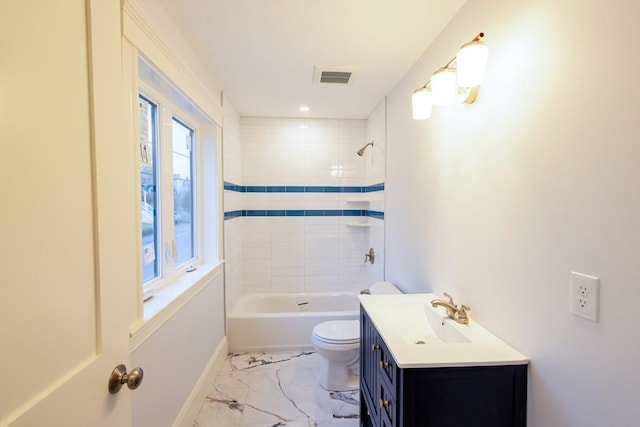 bathroom with shower / tub combination, visible vents, toilet, vanity, and marble finish floor