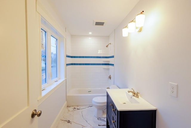 bathroom with marble finish floor, toilet, vanity, visible vents, and washtub / shower combination