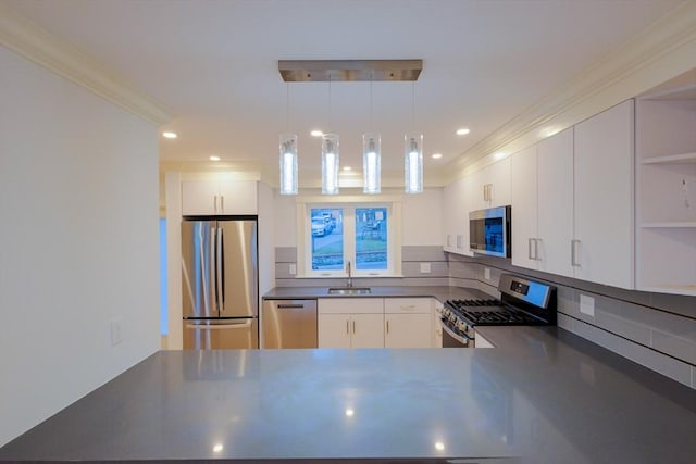 kitchen with a sink, stainless steel appliances, open shelves, crown molding, and dark countertops