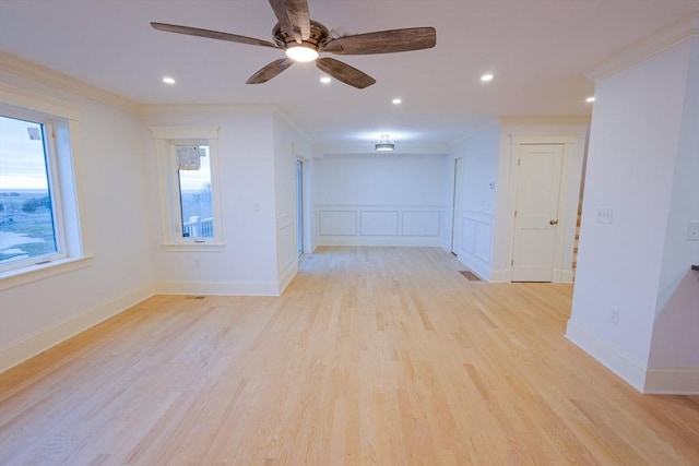 unfurnished room with crown molding, recessed lighting, a ceiling fan, and light wood-style flooring