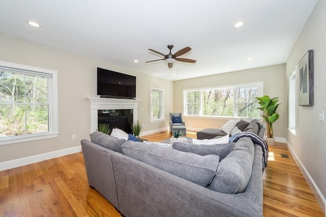 70 Rockland St, Natick, MA 01760 - living room with recessed lighting, ceiling fan, baseboards, and light wood finished floors