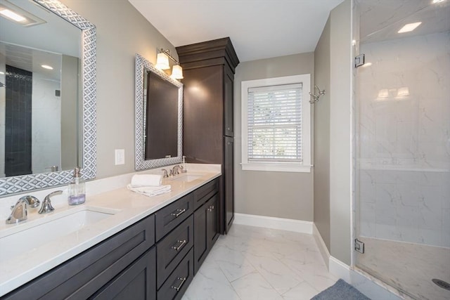 70 Rockland St, Natick, MA 01760 - full bathroom with baseboards, a sink, marble finish floor, and a stall shower