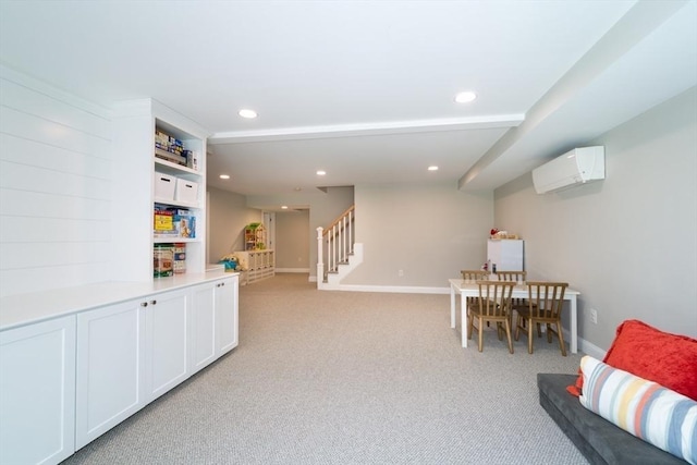 70 Rockland St, Natick, MA 01760 - interior space with stairway, an AC wall unit, recessed lighting, and light colored carpet