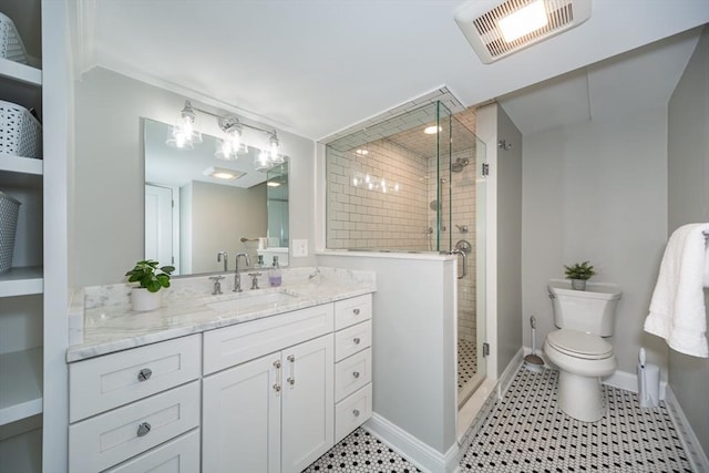 70 Rockland St, Natick, MA 01760 - bathroom featuring visible vents, vanity, toilet, baseboards, and a stall shower