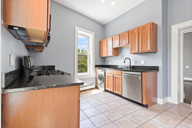 17 Savin Hill Ave Unit 3, Boston, MA 02125 - kitchen with dishwasher, baseboard heating, washer / clothes dryer, range, and light tile patterned floors