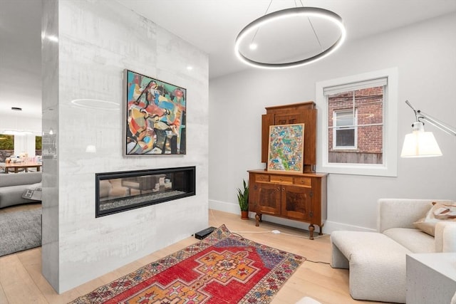 living area with a glass covered fireplace and wood finished floors
