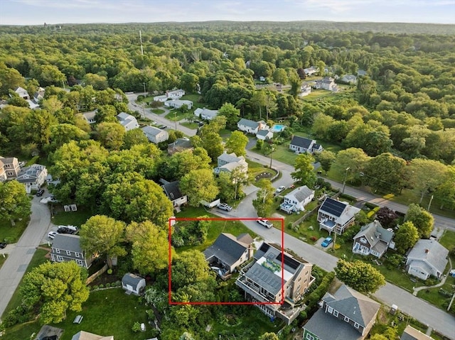19 Borden, Scituate, MA 02066 - aerial view of residential area featuring a forest and property parcel outlined