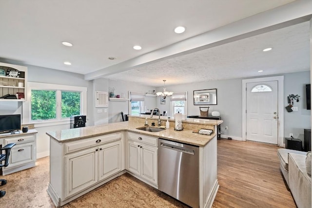 19 Borden, Scituate, MA 02066 - kitchen with dishwasher, a chandelier, recessed lighting, light stone countertops, and hanging light fixtures