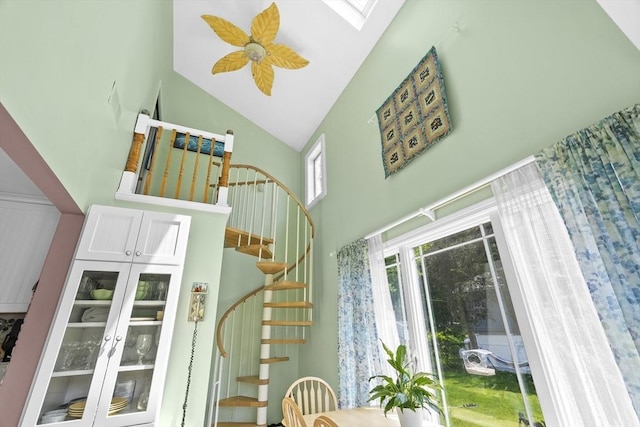 6 N Rd, Mattapoisett, MA 02739 - stairway with high vaulted ceiling and a skylight