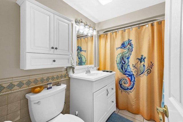 6 N Rd, Mattapoisett, MA 02739 - full bath with vanity, tile patterned flooring, a wainscoted wall, tile walls, and a shower with curtain