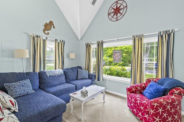 6 N Rd, Mattapoisett, MA 02739 - living area with healthy amount of natural light, carpet floors, and high vaulted ceiling