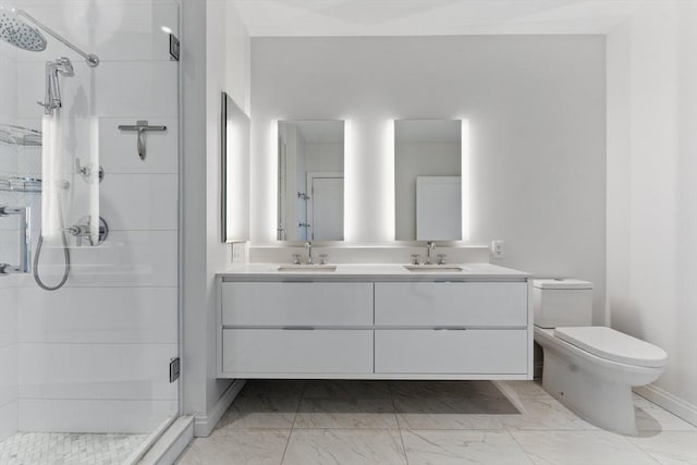 full bathroom with marble finish floors, a stall shower, and toilet