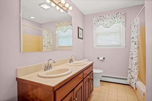 2 Christin Way, Woburn, MA 01801 - bathroom featuring a baseboard heating unit, double vanity, and tile patterned flooring