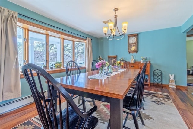 dining room featuring baseboards, a notable chandelier, wood finished floors, and visible vents